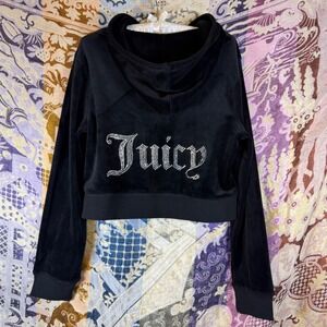 Juicy Couture Black Velour Bimbocore Cropped Hoodie Sweatshirt Size L Y2K